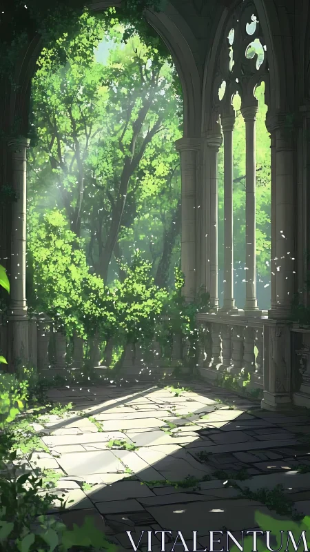Overgrown stone arcade opening onto dense green forest.