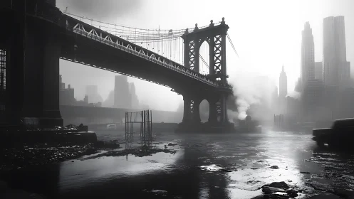 Urban suspension bridge over wet industrial riverside at dawn.