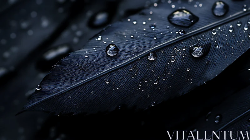 Close-up photograph shows water droplets on dark feather