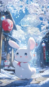 Snowy lane daydream with a cheerful bubble-chasing bunny.