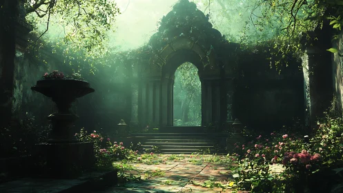 Sunlit ruined garden archway invites quiet escape