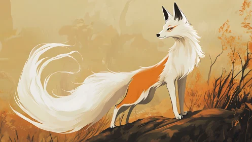 Elegant fox spirit surveys warm golden autumn valley.