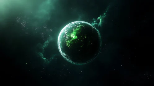 Green glowing alien planet in deep dark outer space.