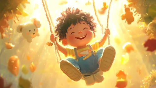 Joyful child swings through golden forest light