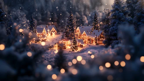 Snow-covered village houses with winter holiday lighting.
