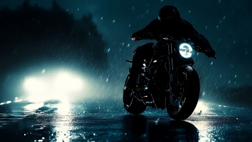 Lone motorcyclist cuts through stormy night city rain