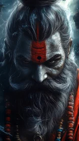 Mystic elder’s fierce gaze wrapped in stormlit calm.