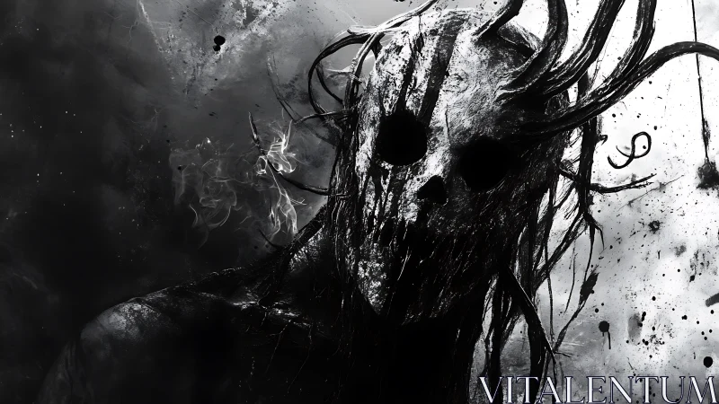 Skull-faced wraith rises through ink-splattered shadows.