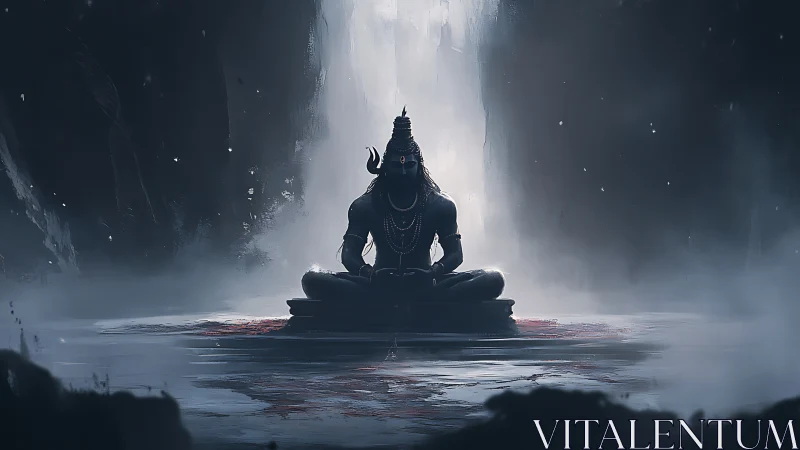 Meditating ascetic silhouettes against luminous waterfall mist