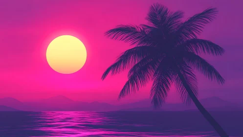 Palm silhouette against stylized magenta coastal sunset.