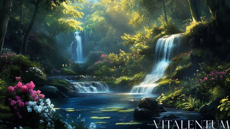 Enchanted Forest Sanctuary With Cascading Waterfalls.