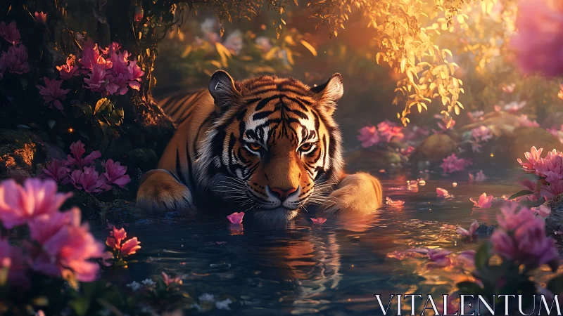 Tiger in luminous blossom pool under enchanted sunset glow.