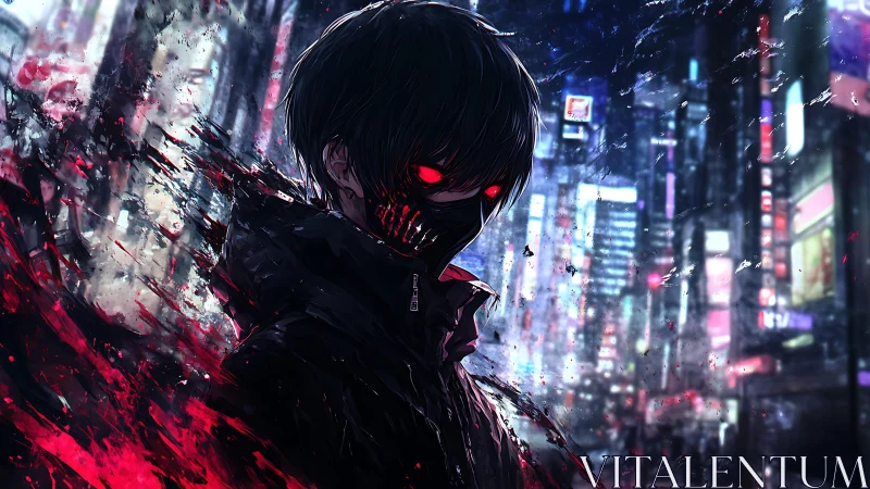 Masked figure with glowing eyes in fragmented cityscape.
