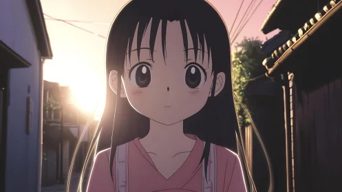 Twilight backstreet pauses as a quiet girl meets the sun