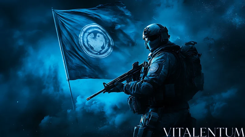Armored soldier bearing emblem flag in ethereal blue atmospheric setting