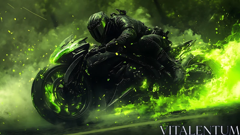 Neon rider carving through toxic green cyber flame storm.