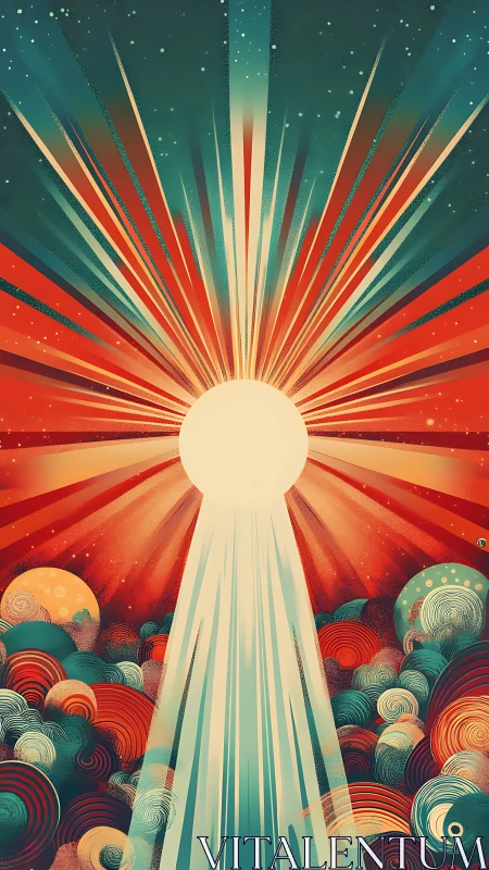 Radiant sunrise cascade over swirling cosmic hills.