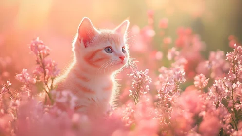 Kitten among pink blossoms in soft golden light.