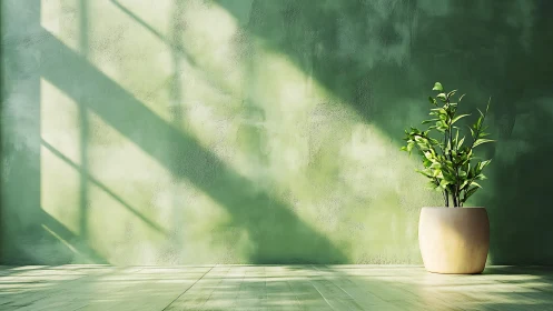 Minimalist potted plant basks in warm diagonal sunlight.