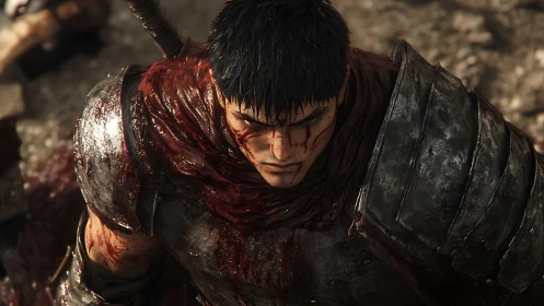 Armored warrior rendered in close-up with bloodstained gear