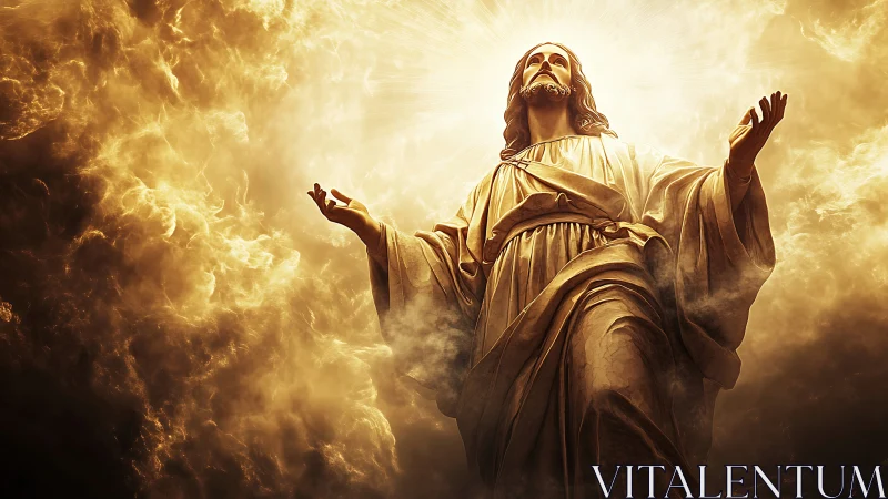 Radiant robed figure stands amid glowing clouds and light