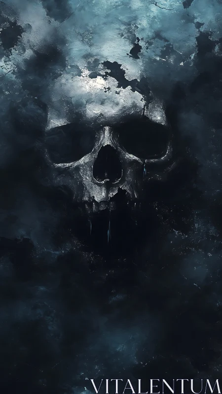 Bleached skull shape emerging from dark stormy clouds.