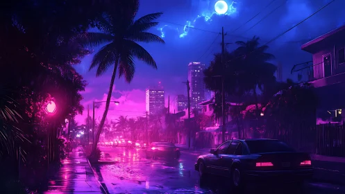 Neon lit city street shows cars in rain under purple sky