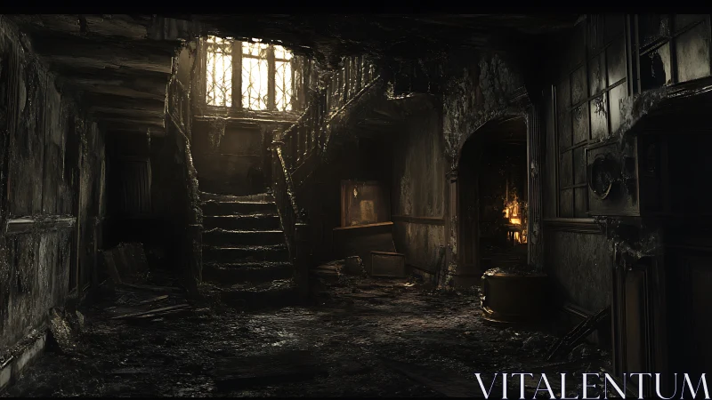 Abandoned building interior with decay, rust, and natural light through broken windows