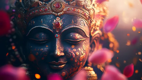 Ornate deity statue close-up with petals and warm light.