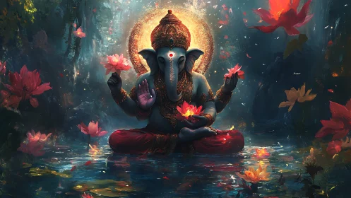 Radiant elephant-headed deity rests in glowing lotus waters