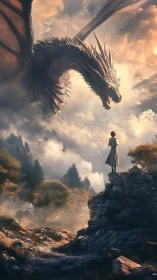 Lone figure confronting colossal dragon above misty peaks.