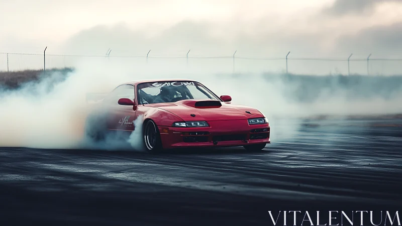 Red drift car sliding on smoky track during cloudy day.