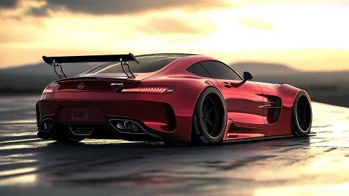 Red Mercedes sports car on wet track at sunset.