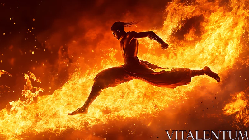 Warrior Leaping Through Inferno with Dynamic Martial Power