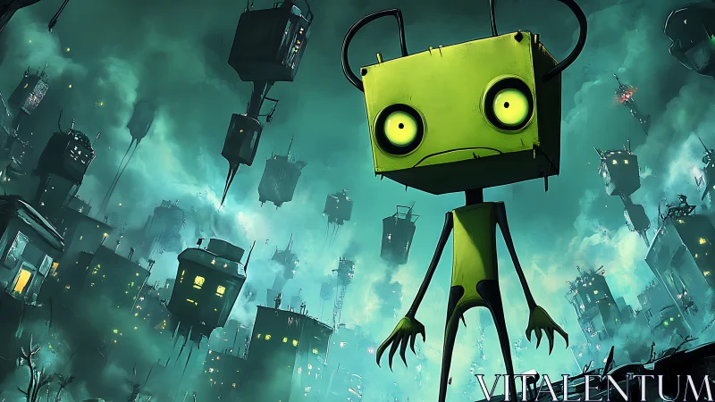 Surreal green robot amid floating dystopian cityscape.
