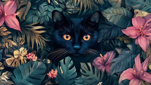 Black Cat with Amber Eyes Surrounded by Tropical Florals