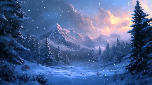 Snow covered conifer forest stands before distant mountain range