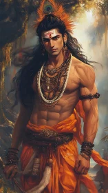 Mythic warrior with orange robes and sacred markings.