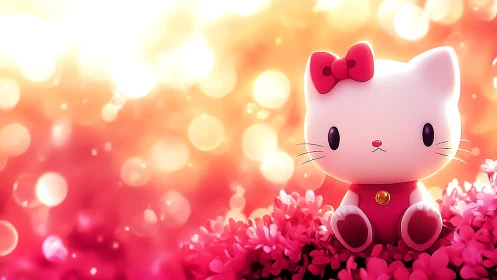 Cute white cat figurine sits in glowing pink bokeh field