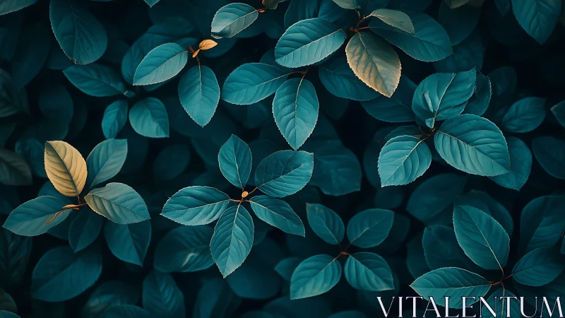 Moody teal foliage pattern with selective golden accents.