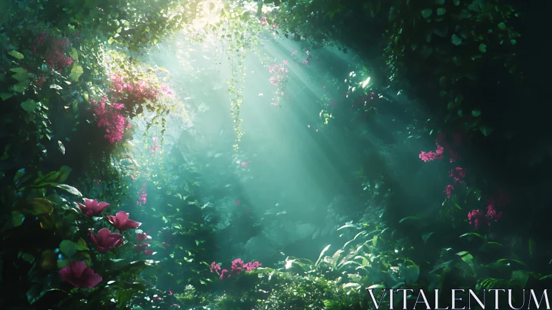 Volumetric sunbeams in dense emerald jungle glade interior