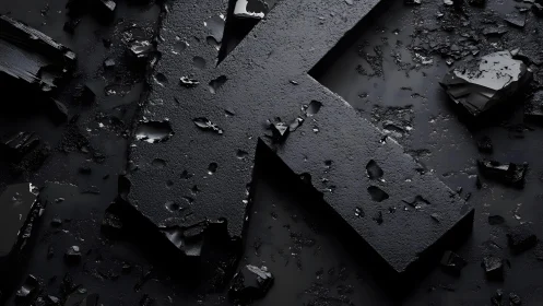 Cracked Black Letter K in Dark Industrial 3D Style.