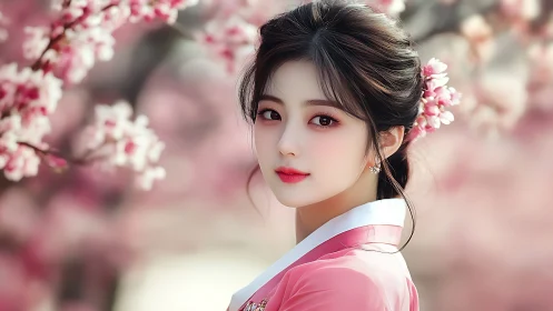 Elegant woman in hanbok stands among soft cherry blossoms