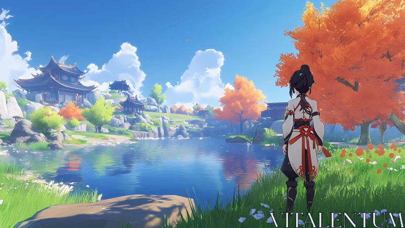 Character overlooking tranquil lake and colorful temples.