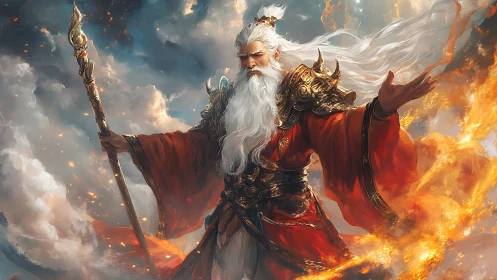 Storm-summoning fire sage in swirling celestial clouds.