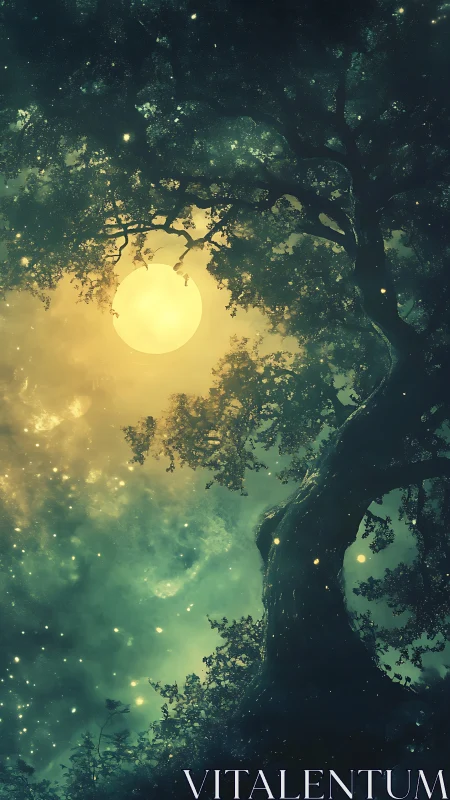 Backlit celestial tree canopy encircles luminous full moon