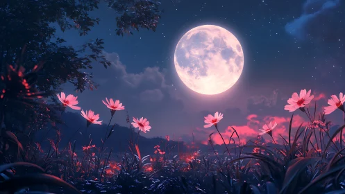 Luminous full moon over neon-lit wildflower meadow at night.
