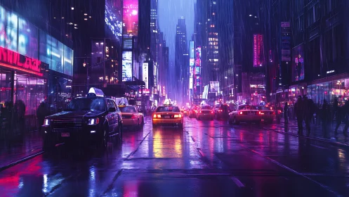 Neon-soaked rainy city avenue with reflective taxi traffic.