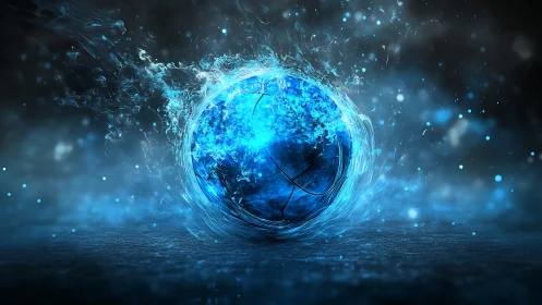 Glowing blue energy sphere erupts with swirling liquid light