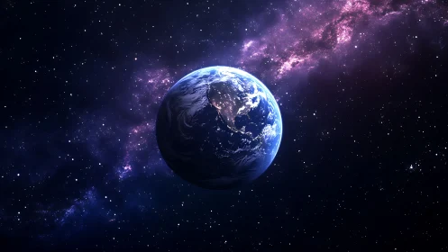 Planet Earth floating in deep space against star field.